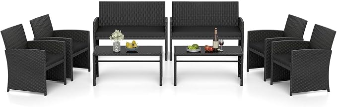 RELAX4LIFE 8-Piece Patio Furniture Set - Wicker Rattan Outdoor Sectional Sofa Set w/Glass Coffee Table, Loveseat, Chairs & Soft Cushions, Bistro Conversation for Garden Porch (2, Black-Black)