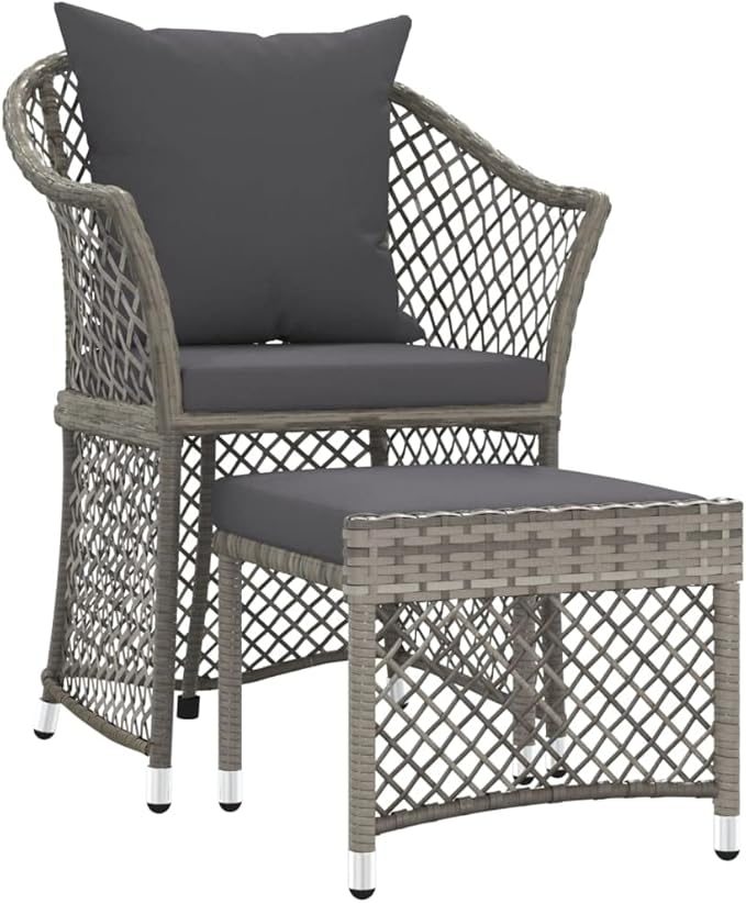 2 Piece Small Grey PE Rattan Garden Lounge Chair Set with Cushions, 16.5"x17"x14.4" Modern Compact Outdoor Patio Furniture for Balcony Apartment and Sunroom