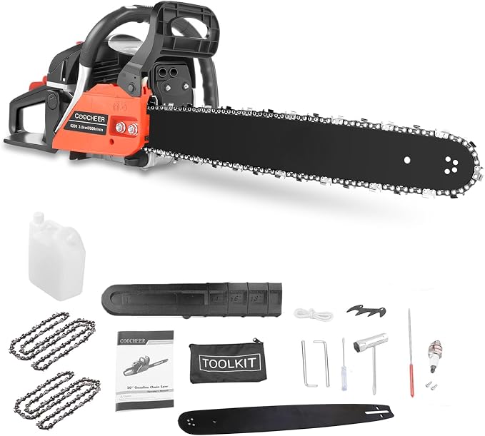 COOCHEER Powerful 62cc 20 Inch Gas Chainsaw, 3.5 HP 2-Stroke Handheld Chain Saw for Wood Cutting, Farm Clearing & Tree Trimming