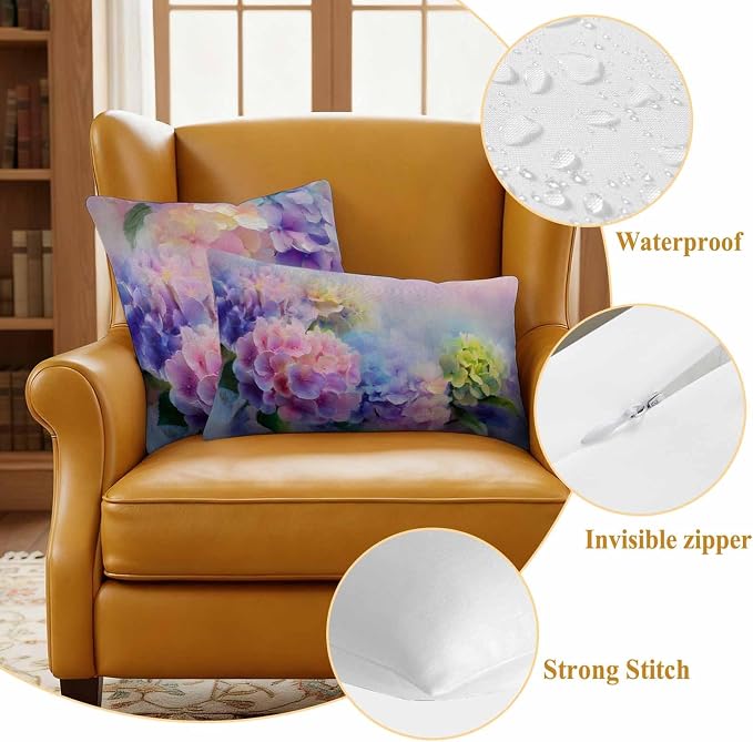 Pink Purple Floral Outdoor Pillow Cover 16x16 Inch Cushion Sham Case, Spring Hydrangea Flower Vintage Botanical Waterproof Decorative Square Throw Pillowcase for Outside Garden Patio Porch Couch Chair