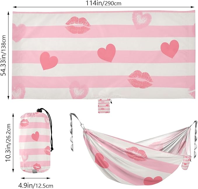 Pink White Stripes Heart Lip Love 330lb Capacity Outdoor Hammocks with Hanging Rope Indoor Hammock for Indoor Outdoor Patio Base para hamacas para adultos