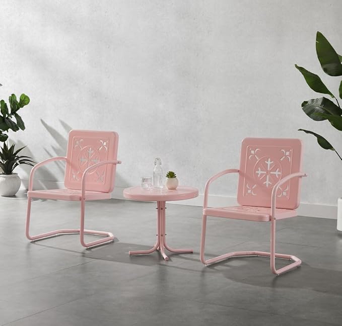 Crosley Furniture Azalea 3-Piece Vintage Outdoor Chair and Side Table Set, Retro Metal Patio Conversation Sets, Pastel Pink Gloss