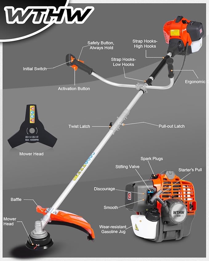 2-in-1 Gas Powered Weed Wacker - 52cc 2-Cycle String Trimmer and Brush Cutter Multi-Tool, 2.2KW 9500RPM Heavy Duty Gas Weed Eater with 18" Trimmer Head & 10" 3T Blade for Yard Care(GT5112)