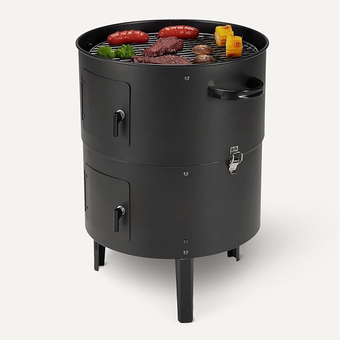 Amazon Basics 16 inch Vertical Charcoal Outdoor Smoker, BBQ Grill, with Built-in Thermometer, 2-Layer Design, Adjustable Air Supply Control, Black