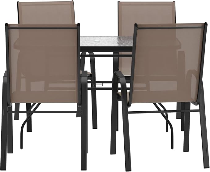 Merrick Lane Bardwell 5 Piece Outdoor Dining Table Set for 4 with Glass-Top Patio Table and 4 Stack Chairs with Flex Comfort Material in Brown
