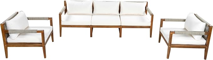 JIVOIT 3 Pieces Outdoor Rope Woven Sectional Sofa Set, Solid Acacia Wood Patio Conversation Set with Three-Seater Sofa and 2 Armchairs, Removable Cushions for Backyard, Deck and Poolside (Beige/24)