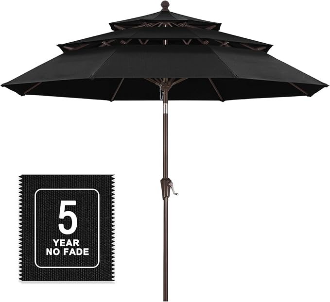 MASTERCANOPY 9ft 3-Tier Olefin Patio Umbrella with Tilt Crank, 5-Year-Non-Fading Canopy & 8 Fiberglass Ribs for Deck, Patio, and Garden, Black