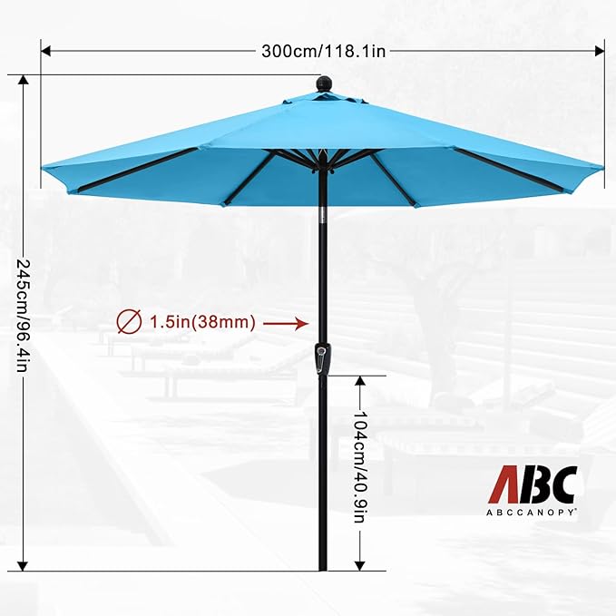 ABCCANOPY 10FT Patio Umbrella - Outdoor Waterproof Table Umbrella with Push Button Tilt and Crank, 8 Ribs UV Protection Pool Umbrella for Garden, Lawn, Deck & Backyard (Turquoise)