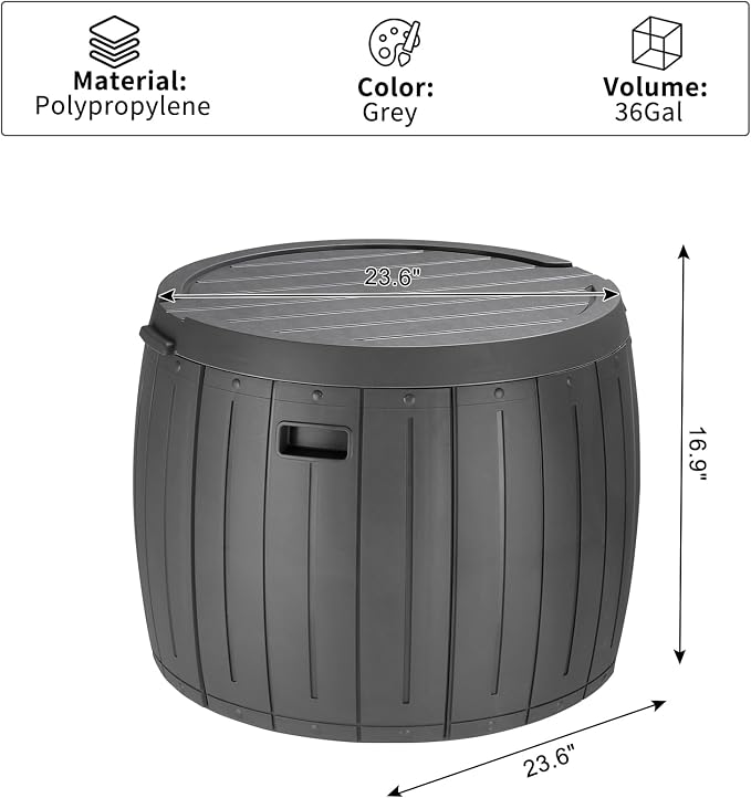 36 Gallon Round Deck Box,Resin Pool Storage Bins,Patio Furniture Outdoor Storage Boxes,Waterproof Garden Utility Tool Box,with Lid & Side Handles,for Outside Indoor Garage Lawn Backyard (Grey)
