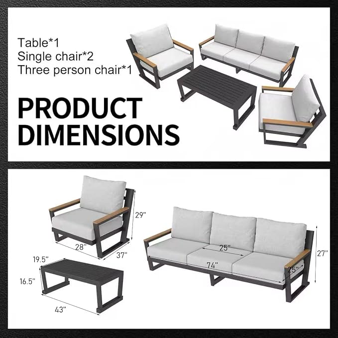 Aug-guan Aluminum Outdoor Sofa,5 Seats Modern Patio Furniture Set,Sectional Sofa Conversation Set with Coffee Table, Upgraded Washable Cushions for Garden Backyard,Grey