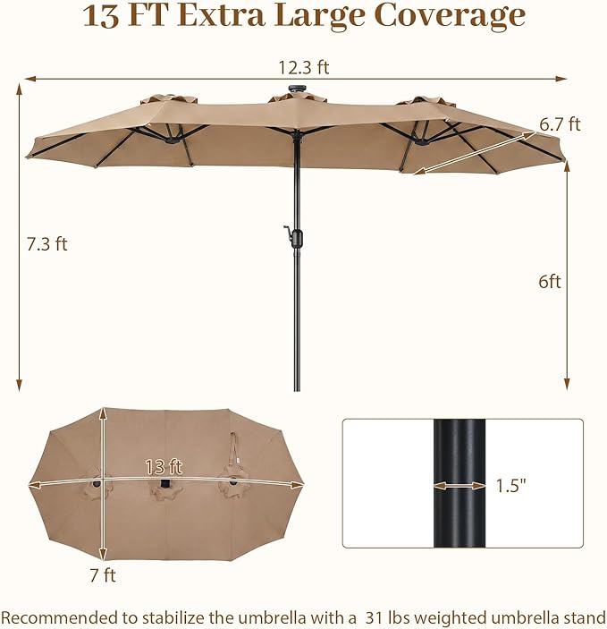 Tangkula 13 Ft Solar Patio Umbrella, Double-Sided Extra Large Outdoor Market Table Umbrella with 36 LED Lights, Crank Handle, 12 Sturdy Ribs for Poolside, Garden & Backyard (Tan)