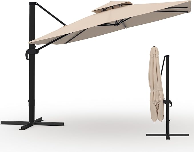 10x10 ft Square Outdoor Umbrella, Cantilever Patio Umbrella with 360° Rotation & Adjustable Height, Heavy Duty Aluminum Umbrella Outdoor Patio for Garden Poolside,Khaki (Base Not Included)