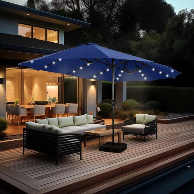 GREEN PARTY 15 ft Large Outdoor Patio Umbrella with Solar Led Lights & Base Included, Double-Sided Rectangular Table Umbrella with Stand, Market Umbrellas for Deck Poolside Garden Backyard, Haze Blue