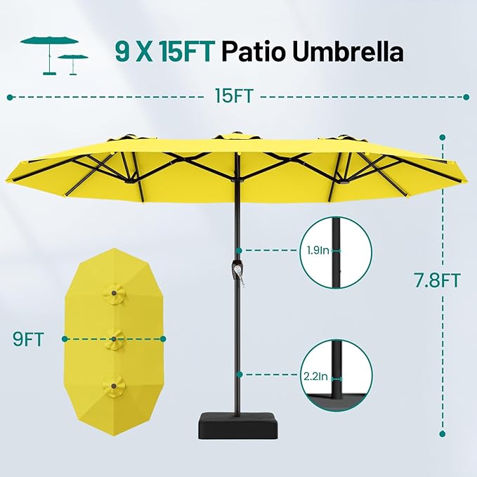 AreShark 15ft Patio Umbrella with Base, Double Sided Outdoor Umbrella with 12 Fiberglass Ribs, Large Outdoor Umbrella for Garden, Pool, Deck, Backyard & Market, Yellow
