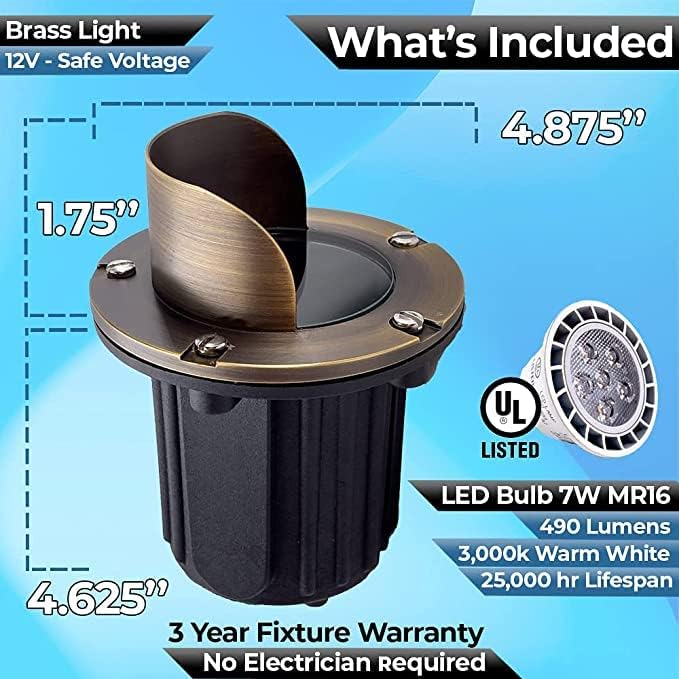 LED Low Voltage Landscape Lighting Well Lights 174 - Solid Brass In Ground Lights for Outside, Long Lasting Garden 12 Volt Landscape Lighting with MR16 7W LED Bulb, Ground Spake & Connectors (4 Pack)