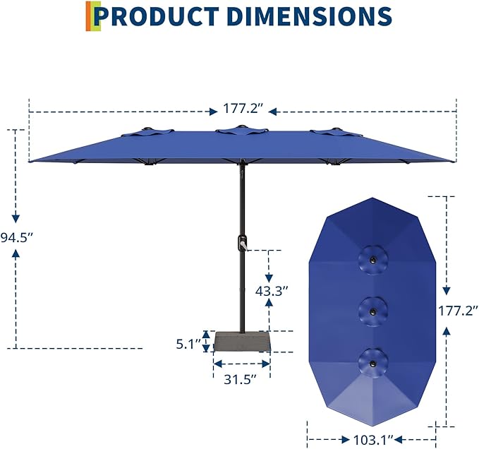 TrailBlaze 15ft Large Patio Umbrella with Base, Outdoor Rectangle Umbrella Double-Sided Market Umbrella with Crank Handle UV Protection Table Umbrellas for Backyard, Deck, Poolside and Garden