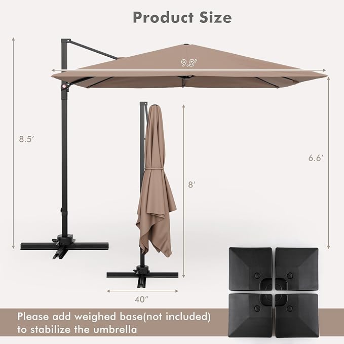 Tangkula 9.5 FT Cantilever Patio Umbrella, Outdoor Square Offset Umbrella with 360° Rotation, Heavy Duty Patio Hanging Umbrella with Cross Base for Garden Deck Pool Backyard (Tan)