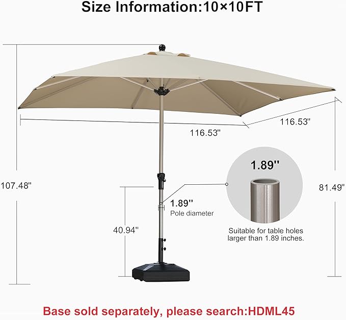 PURPLE LEAF 10' x 10' Square Patio Umbrella, Alumimum Outdoor Market Umbrella with 3 Year Fade Resistant, Pool Umbrella for Deck Garden, Patio, or Poolside, Lawn