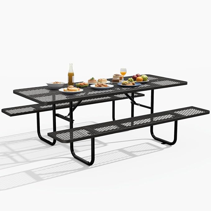 72" Coated Round Metal Picnic Table for 4-6 Person, Durable Heavy Duty Commercial Picnic Table with Umbrella Hole for Outdoor Coffee Shop, School, Easy to Install, Black
