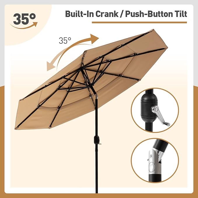 COSIEST 9FT 3 Tiers Patio Umbrella with Solar Lights, LED Outdoor Umbrellas with 8 Sturdy Ribs, Market Patio Table Umbrella with Push Button Tilt, Pool Umbrellas for Garden, Pool, Backyard