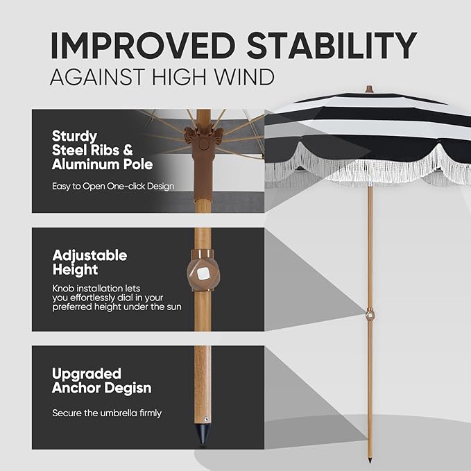 Tempera Heavy Duty High Wind Beach Umbrella with Sand Anchor & Carry Bag | Patio Outdoor Umbrella with Aluminum Frame and Push Button Tilt, Ideal for Travel Garden Lawn, UPF 60+