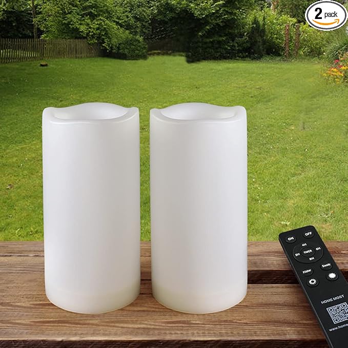 Pack of 2 White 3x6 LED Pillar Candles Outdoor IP65 Waterproof - Pillar Candles Battery Powered with Timer and Remote - Battery Operated Unscented Outdoor Flameless Candles Flickering