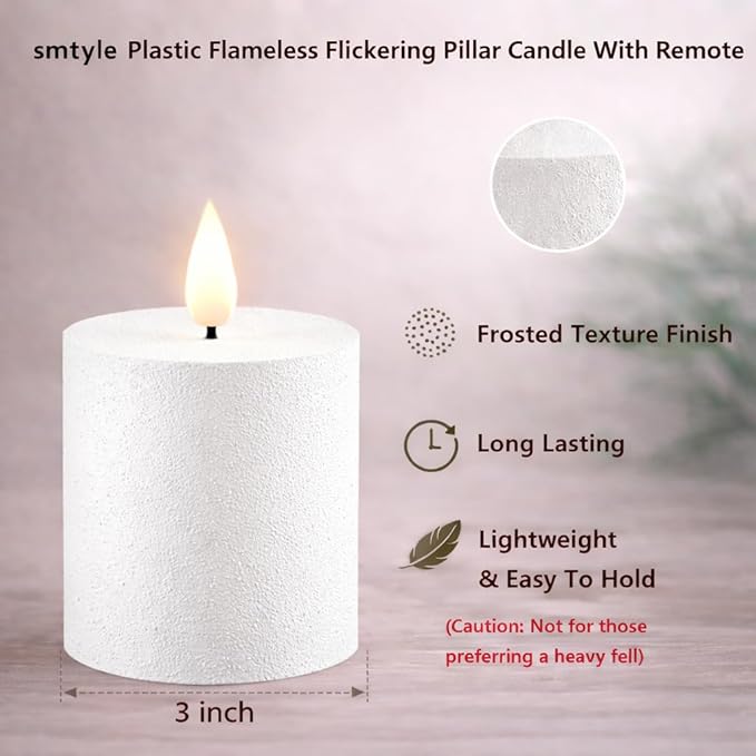 smtyle Vintage White Flickering Flameless Plastic Pillar Candles 3"x3" Set of 2 Battery Operated with Timer Electric Wedding LED Candles for Tables Bathroom Decor