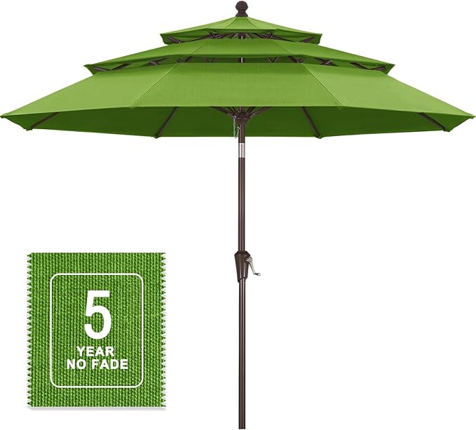 MASTERCANOPY 9ft 3-Tier Olefin Patio Umbrella with Tilt Crank, 5-Year-Non-Fading Canopy & 8 Fiberglass Ribs for Deck, Patio, and Garden, Grass Green