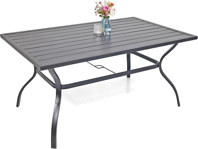 60"x38" Rectangle Outdoor Patio Dining Table Weather-Resistant for 6 Person | Black Metal Frame and Top, Weather-Resistant, Rust Free, 6 Person Use, Metal Slat Table Top, 1.57 inch Umbrella Hole