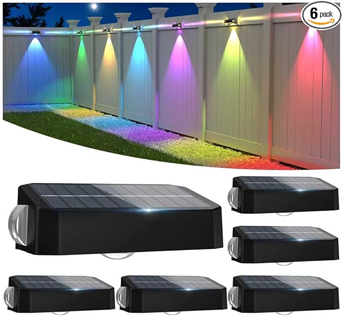 Solar Fence Lights Outdoor 6 Pack, Deck Lights with 12 Mode RGB Color Changing, Warm/Cool White, IP65 Waterproof Dusk to Dawn Solar Light for Fence, Wall, Patio, Step, Backyard, Outside