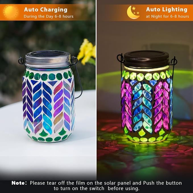 Stargarden 2 Pack Mosaic Solar Lantern ,Waterproof Outdoor Hanging Jar Lights, Mosaic Lights Solar Garden Decor for Patio Pathway Yard