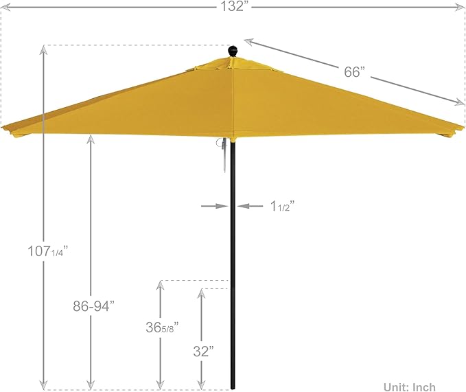California Umbrella 11Ft Commercial Grade Market Umbrella, Pulley Lift, Aluminum/Fiberglass, 2mm pole wall, Black Frame, Solution Dyed Lemon Fabric