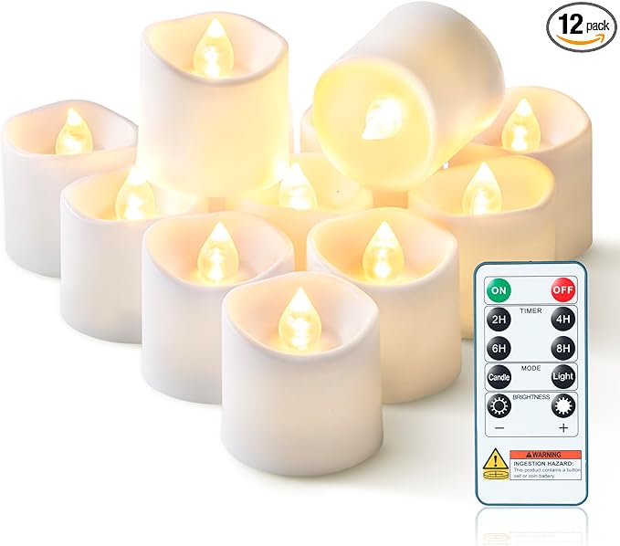Homemory 12Pack 400+Hour Remote Control Flameless Candles, 2/4/6/8H Timer Led Votive Candles, Battery Operated Tea Lights for Wedding Table Centerpiece, Holidays, Halloween Pumpkins, Christmas Decor
