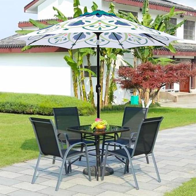 ABBLE Outdoor Patio Umbrella 9Ft Crank & Tilt Printed Market Umbrella for Picnic Table, Pool, Garden, Deck, Backyard and Beach
