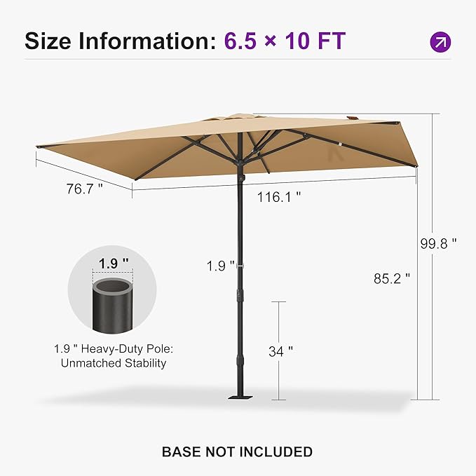 PURPLE LEAF 10' x 6.5' Rectangular Semi-Auto Outdoor Patio Umbrella Aluminium Market Umbrella Table Sun Umbrella with 1.89" Rod and 6 Sturdy Ribs for Deck Lawn Pool Garden, Beige