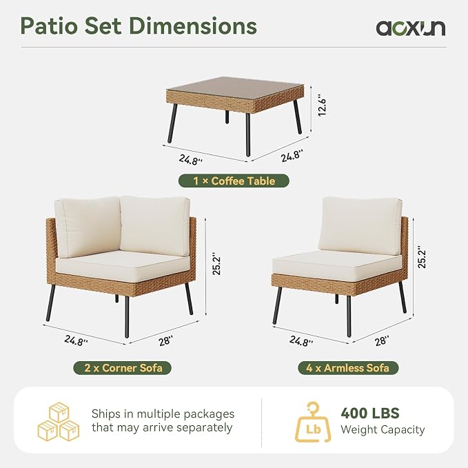 Aoxun Patio Furniture Set, 7 Piece Outdoor Sectional Sofas with Thick Cushion, Wicker Outdoor Patio Furniture Set with Coffee Table for Party, Garden, Backyard, Beige
