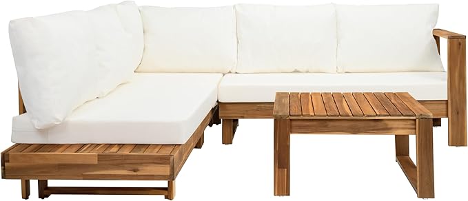 Christopher Knight Home Tenny 5-Seater Acacia Wood Patio Furniture Set, Outdoor Conversation Corner Sofa Set with Club Chair+Coffee Table, Patio Sectional Chat Set for Backyard/Balcony, Teak+Beige