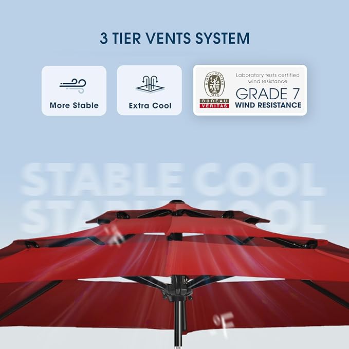 wikiwiki 9ft 3-Tier Patio Umbrella Outdoor Table Market Umbrella for Patio with Push Button Tilt/Crank, Fade Resistant Waterproof POLYESTER Canopy for Garden, Lawn, Deck, Backyard & Pool, Burgundy Red
