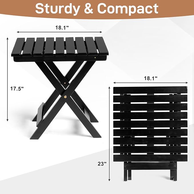 Outvita Wood Folding Side Table, Portable & Lightweight Compact Wooden Side Table, 18 inch Height for Camping Outdoor, Indoor, Patio, Porch, Balcony - Square, Black