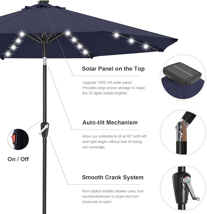 ABCCANOPY 10FT Durable Solar Led Patio Umbrellas with 32LED Lights (Navy Blue)