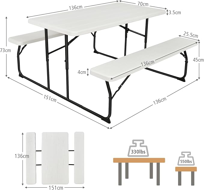 S AFSTAR Folding Picnic Table, Plastic Picnic Table with 2 Benches, Outdoor Foldable Table and Bench with Steel Frame & Wood-Like Texture Tabletop, Camping Chair Set for Garden Patio Lawn(White)