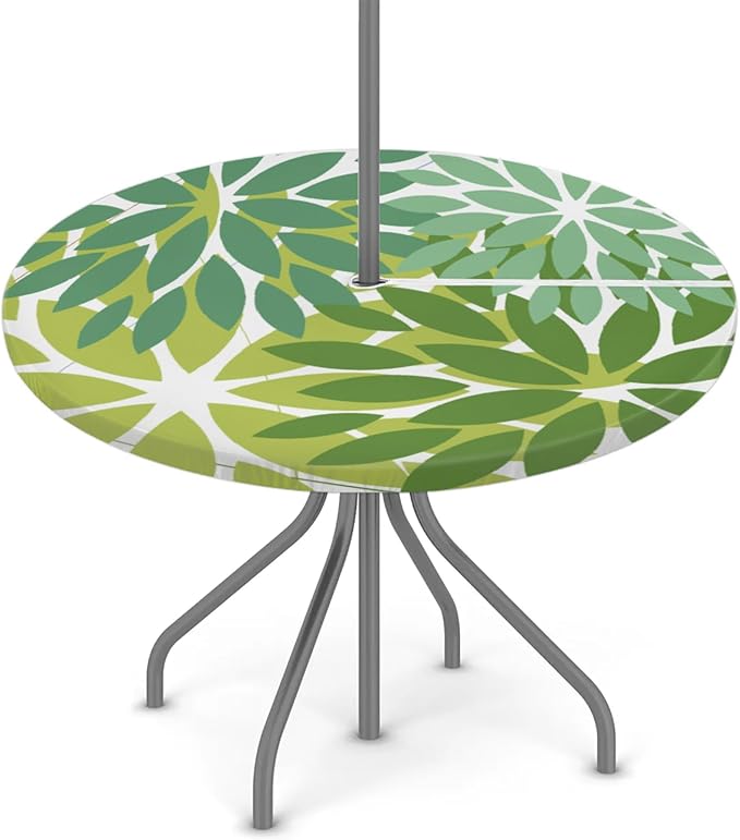 Round Tablecloth with Umbrella Hole and Zipper Elastic Fitted Table Cloth 36"-44" Oil-Proof Waterproof Patio Table Cover for Outdoor Picnic Party, Spring Summer Geometric Elegant Dark Light Green