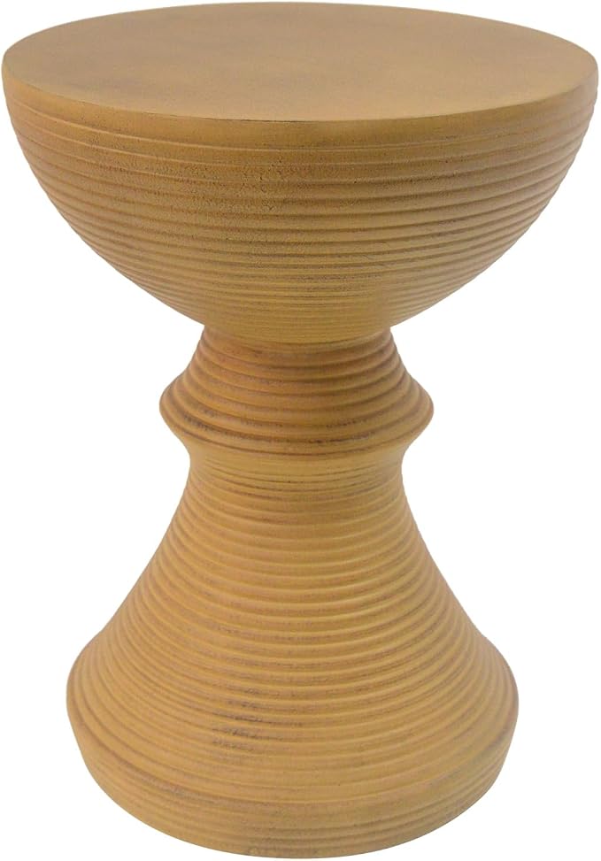 Round Outdoor Side Table, Ribbed Concrete Patio End Table with Hourglass Design, Samll Accent Side Table for Patio, Garden, Balcony (Natural)