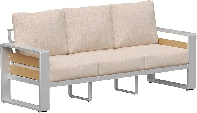 Aoxun Aluminum Outdoor Patio Furniture Set, 3 Seats Metal Sectional Patio Furniture, Modern Outside Sectional Set for Backyard, 3-Seat Sofa ×1, Silver & Beige