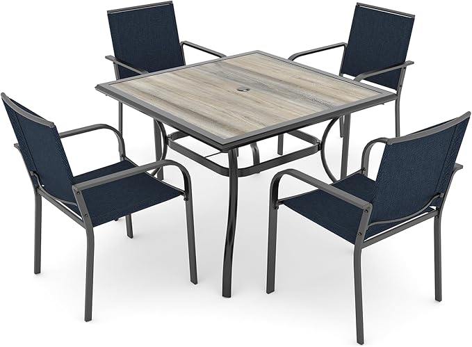 Anmutig 5-Piece Outdoor Patio Dining Set 37 Inch Square Wooden-Like PVC Table with 4 Stackable Chairs for Garden Backyard Blue