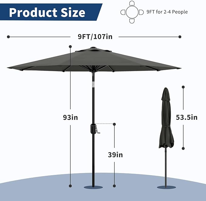 GarveeLife 9FT Patio Umbrella Outdoor, Table Umbrella with Push Button Tilt and Crank, 8 Sturdy Ribs UV Protection Waterproof for Garden, Pool, Market, Deck