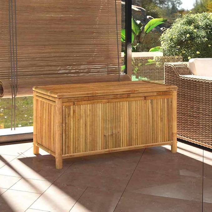 Natural Bamboo Garden Storage Box with Zip Closure, Large Outdoor Storage Container for Patio and Balcony, Breathable Material for Cushions and Tools, Sturdy Polyethylene