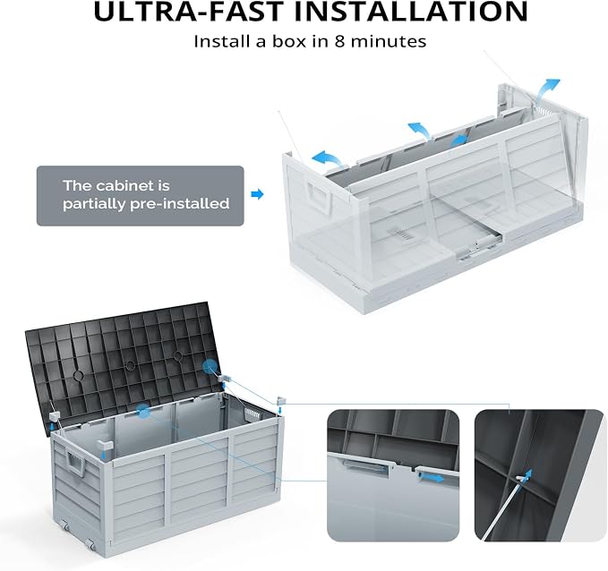 Outvita Foldable 75 Gallon Outdoor Storage Box, Plastic Storage Containers with Lid, Patio Deck Box Furniture for Garden, Pool, Balcony, Yard (Gray Body-Black Lid)