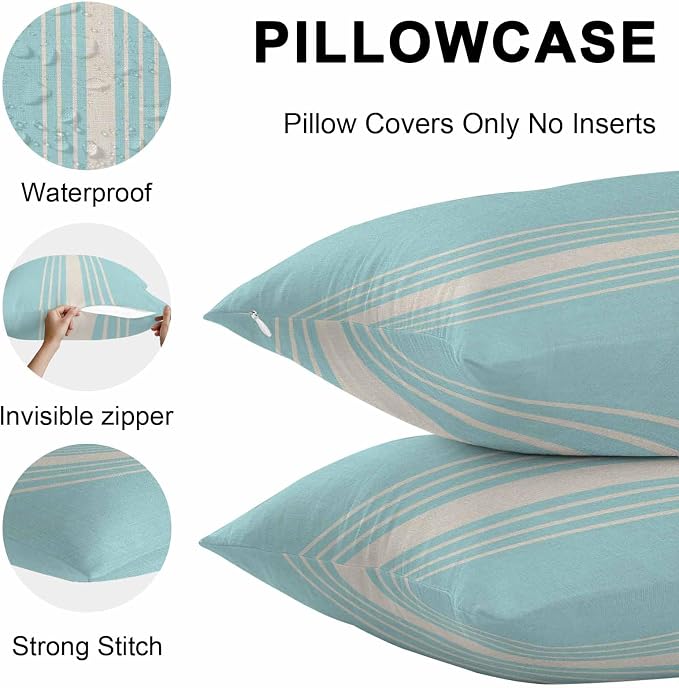 Aqua Beige Striped Outdoor Pillow Covers 24x24 Inch Throw Pillow Covers Set of 2 Waterproof Decorative Pillow Cases Modern Farmhouse Retro Lines Cushion Covers for Patio Furniture Garden Couch Sofa
