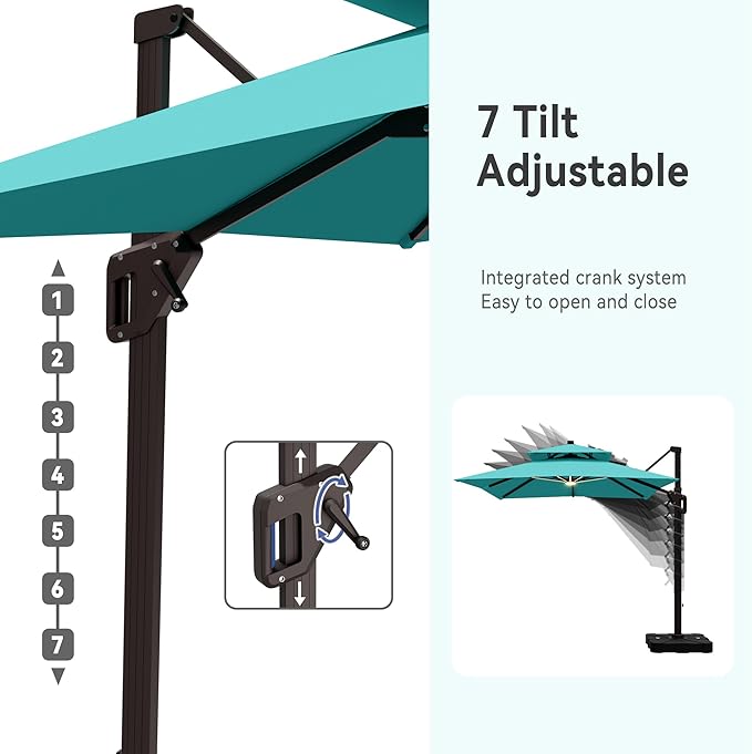 10' X 13' Cantilever Patio Umbrella with Led Lights Double Top Rectangular Outdoor Large Offset Umbrellas with 7 Tilts Adjustable 360°Rotation for Deck Pool Garden Backyard, Turquoise
